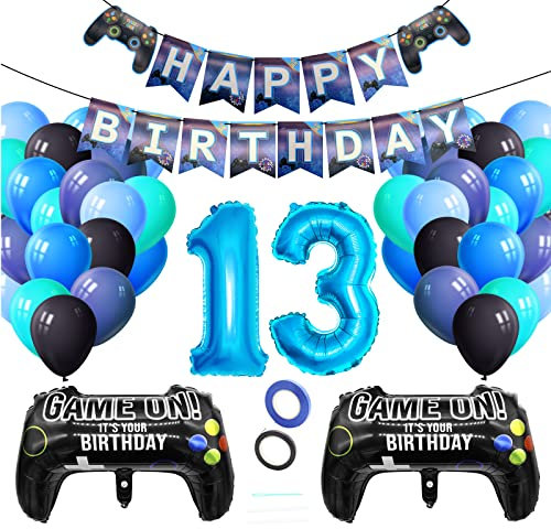 Luftballons Geburtstagsdeko Junge 13 Jahre, Techextra Videospiel Game Party Geburtstag Dekoration Zubehör Set mit Happy Birthday Banner für 13. Jahr Jungen Ballon Geburstag Deko (13 Jahr)