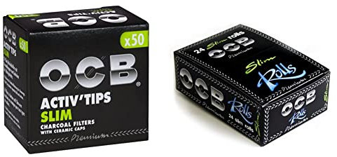 OCB ActivTips Slim 7 mm-Aktivkohlefilter mit Keramikkappen-5 x 50 Stück, Silber, smal & 1007 Papers Premium Rolls Slim - 24 Rollen - Langes Papier