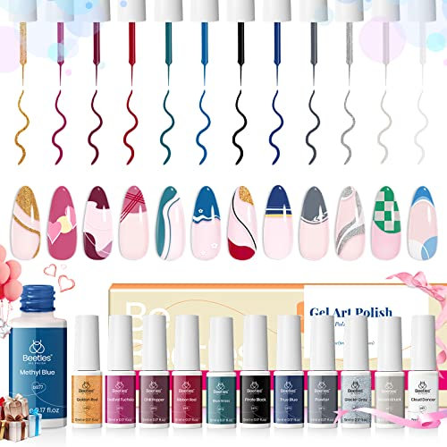 Beetles Gel Polish Gel Liner Set-12 Colors Eclipsed illusion Swirl Nails Blue Green Purple Color Built Thin Nail Brush in Bottle Gel Pen Soak Off Led Lamp