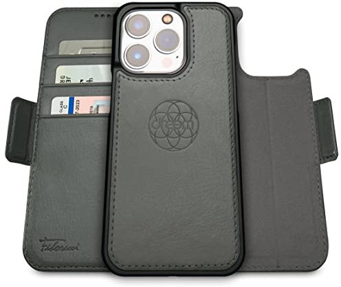 Dreem Fibonacci kompatibel mit iPhone 14 Pro Max Brieftaschen-Etui / 2-in-1 stoßfestes Etui und abnehmbares Folio aus veganem Leder, MagSafe-kompatibel, RFID-Schutz [Grau]