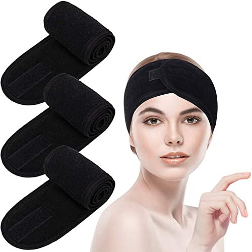 3 Stück Haarband für Make Up,Kosmetik Haarband,Kosmetik Stirnband Frottee,Verstellbare Haarschutzband mit Klettverschluss, für Duschen,Make Up(Schwarz)