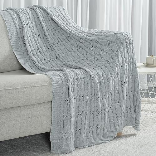 Carriediosa Cable Knit Throw Blanket Soft Textured Lightweight Farmhouse Decorative Throws Summer Knitted Woven Chenille Blankets for Couch Chair Bed Sofa, 50 X 60 Light Grey