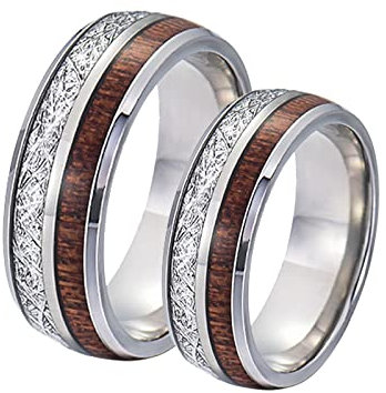 BCughia Freundschaftsringe Freundinnen, Ehering Silber Herren Edelstahl 8 mm Silberring Inlay Holz und Metall Damengröße 52(16.6), Herrengröße 62(19.7)