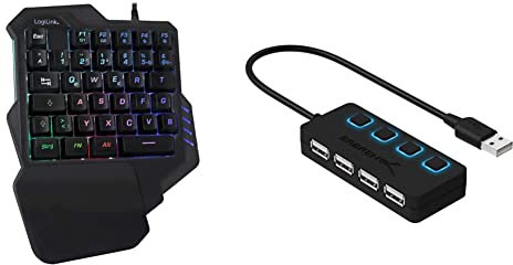 LogiLink Beleuchtete Einhand-Gaming Tastatur, Schwarz, ID0181 & SABRENT USB Hub, Adapter 2.0, Verlängerung Mit Ein/Aus-Schaltern, Verteiler Mehrfach für PS4/PS5, Playstation 5
