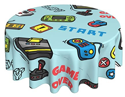 Gartentischdecke Cartoon-Videospiel-Griff Hellblau Rund Tischwäsche Glatt Wachstischdecke 152Cm Für Geburtstag Camping Terrasse