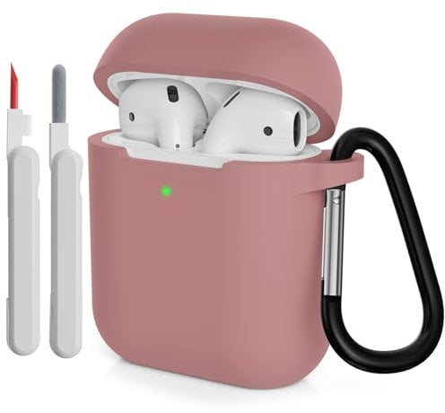 KOKOKA Case Cover Compatible with Airpods 2 with Cleaner kit, Premium Soft Silicone Skin Case Cover Shock Absorbing Protective Case for Airpods 2nd Generation with Carabiner, Bean Pink