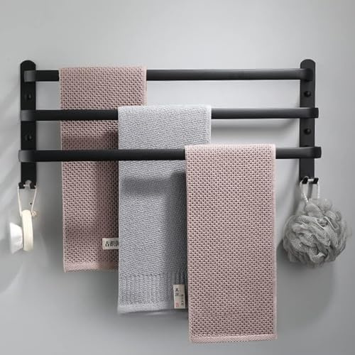 Porte Serviette Salle de Bain,3 étages Porte Serviette Murale en Aluminium avec Crochet,Porte-Serviettes sans perçage pour Salle de Bain, Cuisine, Salle de Bain, Toilettes(Noir, 60CM)