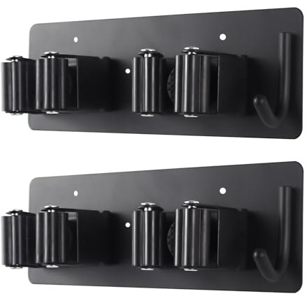 AstralGrip Besenhalter an der Wand montiert, robustes Edelstahlregal mit Utility Haken, perfekt für Garage, Küche, Wäscherei und Badezimmer,schwarz(2-Pack)