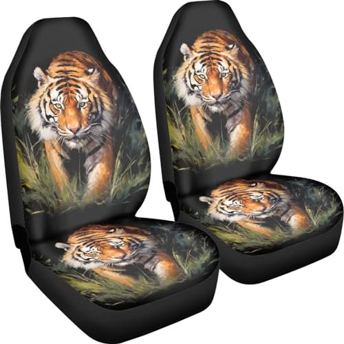 Poceacles Tiger Muster Auto Vordersitzbezug Dehnbar Auto Innenraum Universal Sitzschoner Bezüge - 2 Stück Fahrzeug Sitzbezüge Set