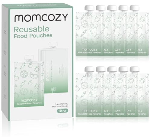Momcozy Lot de 10 pochettes alimentaires réutilisables pour bébé en plastique sans BPA, de qualité alimentaire, passent au congélateur, rechargeables pour compote de pommes, yaourt et purée, 96,4 à