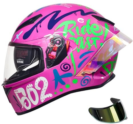 RUYICZB Casques De Moto Intégraux pour Hommes Et Femmes Casque De Scooter De Course De Moto De Rue Léger avec Visières Teintées Approuvé Dot/ECE,Rose,L