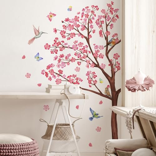 Pink Flower Wall Stickers Peel and Stick Wallpaper Flower Branch Blossom Floral Birds Wall Decals Kids Bedroom Living Room Decor 1920