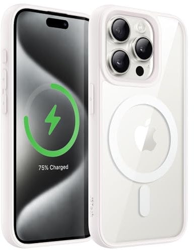JETech Magnetic Case for iPhone 15 Pro Max 6.7-Inch Compatible with MagSafe, Shockproof Phone Bumper Cover, Solid Color Matte TPU Frame, Anti-Scratch Clear Back (White Titanium)