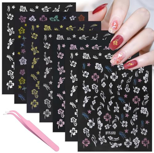 Bomtop 7 Blatt 3D Nagelsticker Frühling Blume, Nagelsticker, Selbstklebend Nagel Sticker, Nägel Zubehör, Blüte Nail Art Sticker Dekoration mit Pinzette