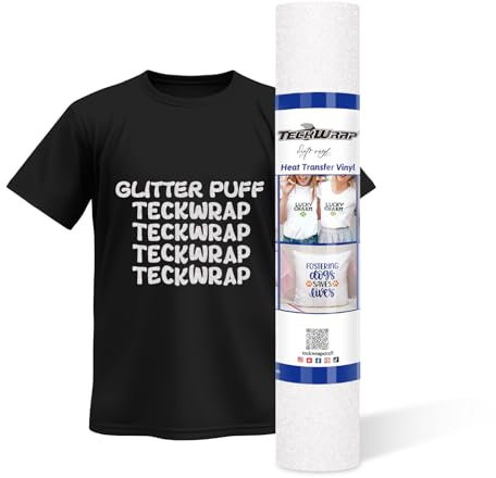 TECKWRAP Puff Glitter HTV 3D Puff Glitter Heat Transfer Vinyl Roll 10 x 5ft for DIY Clothing,T-Shirts,Fabric White Puffy Iron on Vinyl Compatible with Heat Press Craft Cutters