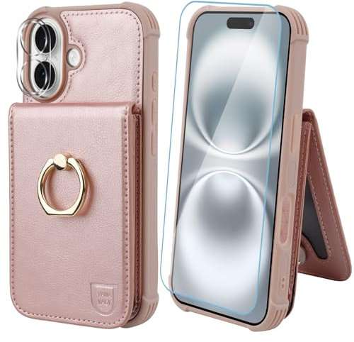 VANAVAGY for iPhone 16 Plus Wallet Case with Credit Card Holder and Coin Pocket[360° Rotation Ring Kickstand ],Leather Magnetic Clasp Flip Folio Phone Cover for Women and Men 6.7 Inch,Rosegold