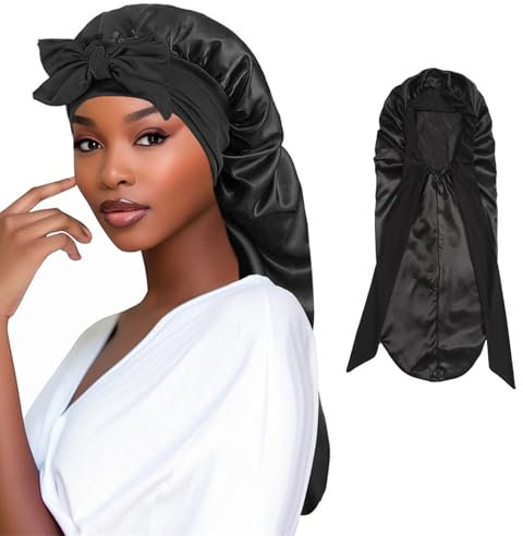 Satin Haarhaube Extra Lange Seiden Schlafhauben für Damen Verstellbar Satin Schlafmütze mit Elastisches Band Seiden Haarhaube zum Schlafen Haarhaube für Langes Lockiges Haar Zopf (Schwarz, 1Pcs)