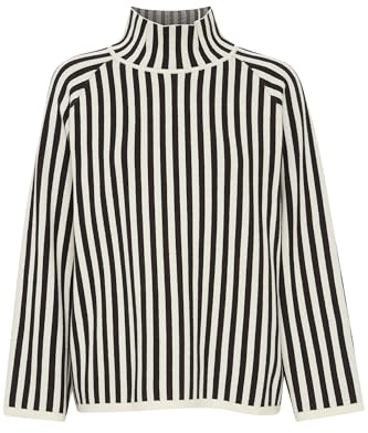 b.young BYOtari Women's Knitted Jumper Chunky Knit Pullover with High Collar Striped Slightly Elastic Regular Fit, Black Mix (200453), L