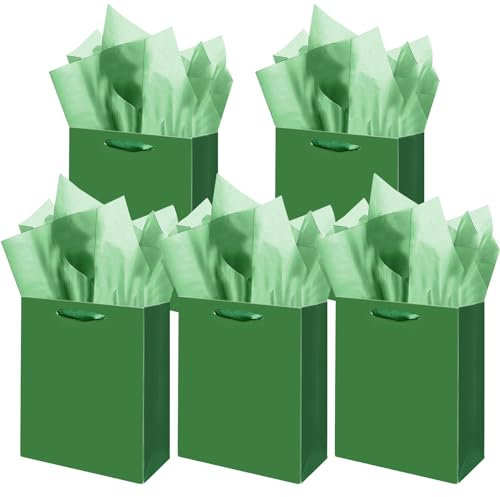 Gcardist Dunkelgrüne Geschenk Taschen mit Tissue Papier für Hochzeit, Geburtstag, Party Supplies-20x11x24cm Mittlere Größe Karton Geschenk Taschen (8x4.3x10Inch,5pcs Taschen +10pcs Tissue Papier)