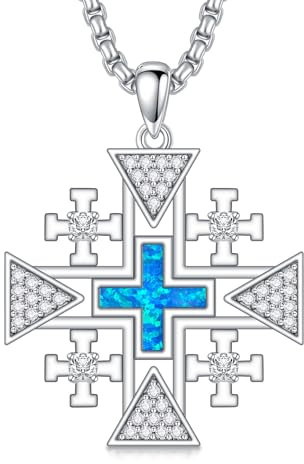 enjoylifecreative Jerusalem Kreuz Halskette für Herren Damen 925er Sterlingsilber Kreuz Anhänger Kette mit Blauem Opal Religiöser Christlicher Schmuck Geschenke für Frauen und Männer