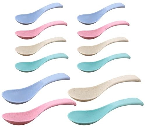 Generic 12 Pcs Wheat Straw Portable Travel Spoons, Lightweight, 4 Colours (Blue, Beige, Green, Pink), 15 x 3.7 cm (L x W), Soup, Snack, Salad, Noodles, Pasta, Dessert Spoons