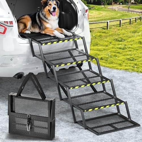 Extra Breite Auto Hunderampe, Faltbare Hundetreppe für Große Hunde mit Rutschfester Oberfläche & Reflektierendem Band, Tragbare Hundeautorampe für Autos, SUVs, LKWs, bis zu 400 lbs, 36''-43'' Höhe