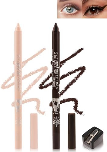 2Pcs Gel Eyeliner Wasserfest, Nackt Braun Kajalstift Creme Matt, Langanhaltend, Wischfest Eyeliner mit Anspitzer, Intensive Farbe, Leicht Aufzutragen, Hypoallergen Makeup für Empfindliche Augen-03+06