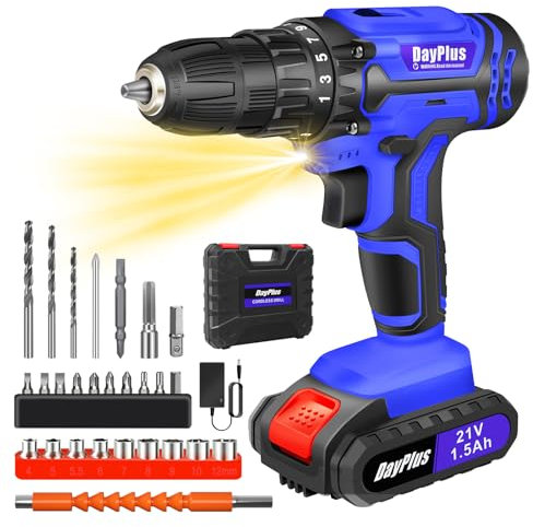 21V Cordless Drill, Powerful Drill bit Sets, 45Nm Electric Screwdriver Set, 2 Variable Speed, 25+1 Torque, LED Work Light, with 26PCS Accessories and Li-Ion Battery Combi Drill for Home DIY