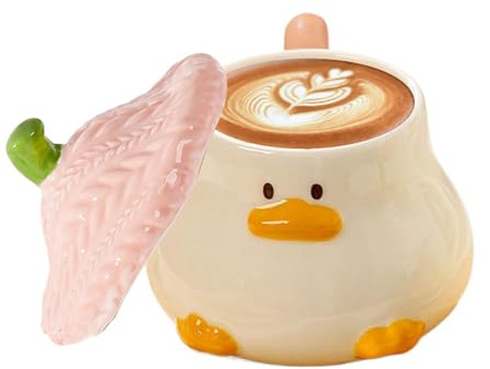 Cute Duck Coffee Mug, Funny Duck Ceramic Coffee Cup with Hat Lid,400 Ml Pink Cartoon Tea Cup, Novelty Morning Mug Christmas Birthday Present for Friends Women Girls