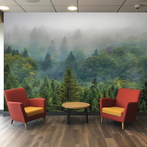 Wallpaper Misty Forest Wall Mural, Nature Landscape Woodland Tree Forest Photo Wallpaper for Living Room Bedroom, 250 x 175 cm