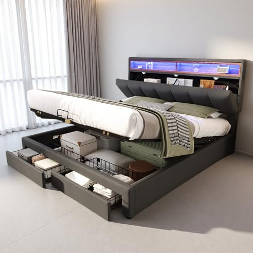 Sapgaks Lit Coffre 140 x 190 avec LED,Cadre de lit 1 Personne avec sommier à Lattes,avec tiroirs et Compartiments de Rangement,tête de lit escamotable en Mousse,avec Cadre en Acier,Lin,Gris