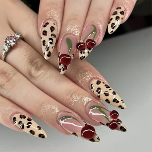 SXVME French Tip False Nails with Leopard Design, Acrylic Press on Nails Medium Almond 3D Cherry Full Cover Coquette Fake Nails Press ons for Women 24 Pcs