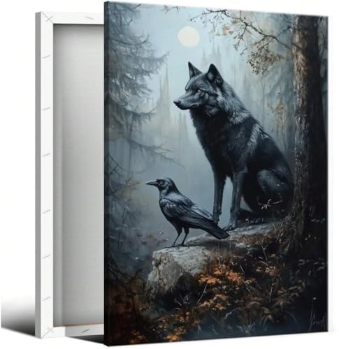 AIHNBF Schwarzer Wolf Rabe Leinwand Wandkunst für Wohnzimmer, Mystische Waldtier Kunstdruck, Dunkle Natur Ästhetik Zuhause Deko, 30 x 45 cm