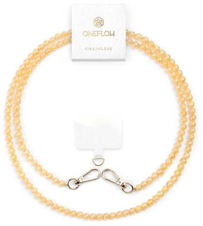 ONEFLOW Perlen Handykette Universal zum Umhängen, Handyband für Hüllen, Glitzer Perlen Kette ohne Handyhülle, Abnehmbar mit Karabiner für alle Smartphones, Chainless Paradise Pearls, Gold