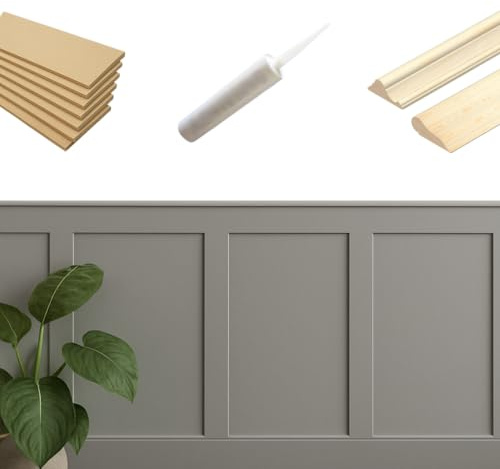 Full KIT Shaker Wall Panelling Kit Dado & Picture Rail DIY 3D Wall Panels MDF 6/9mm Decorative Interior Wall Cladding Custom Build Panel Kit Paintable Easy‑Install Feature Wall (3X 100cm Long Panel)