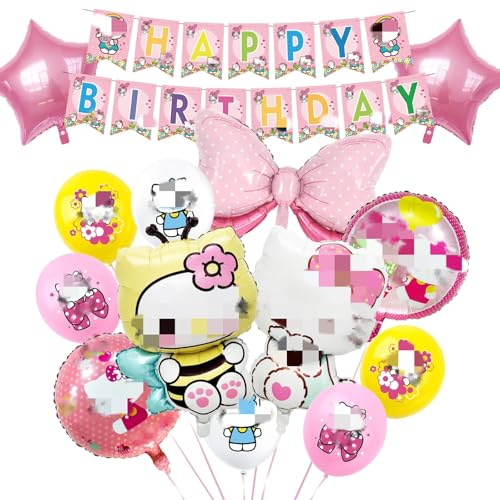 14 Stück Kity Luftballons Geburtstagsdeko Mädchen, Cartoon Kindergeburtstag Deko, Cute Katzen Folienballons Happy Birthday Banner Ballon Geburtstag Deko für Kinder Katzen Theme Party Supplies Deko