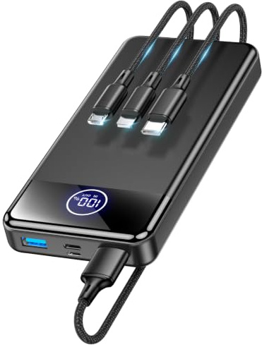 Power Bank Fast Charging 26800mAh，Portable Charger Battery Pack, Black | 30% Larger Capacity, Attached 3-in-1 Cable, for Travel Camping Essentials, Compatible with iPhone 17 16 15 14 13 Samsung iPad