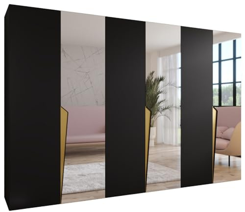 MEBLE KRYSPOL - Kleiderschrank - Garderobenschrank - 300 cm x 202 x 52 cm - Schrank mit Kleiderstange und Spiegel, 6 Türen - für Schlafzimmer, Flur - Piano, Schwarz, Griff Gold