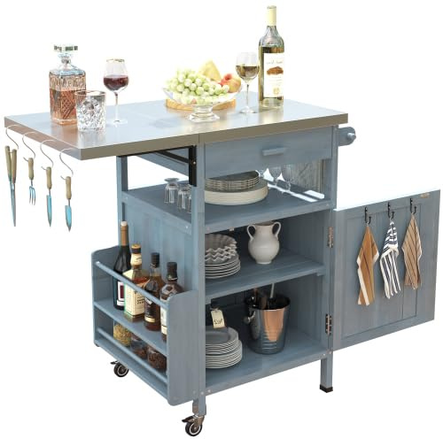 40.5 Outdoor Grill Cart with Stainless Steel Top, Solid Wood Outdoor Storage Cabinet with Drop Leaf, One Drawer, Towel Rack, Rolling Kitchen Cart with Lockable Wheels for Lawn Garden (Blue+Grey)