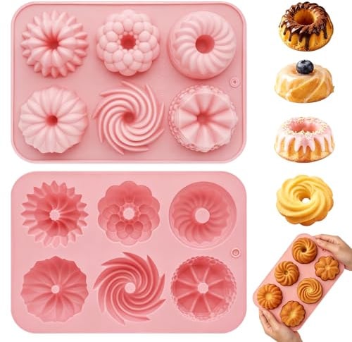 Huahuanghui Mini Gugelhupf Silikonform Set 2 Stück mit je 6 Mulden | Set Gugelhupfform Silikon Backform 6-fach, Wiederverwendbare Silikonform Backen mit 6 verschiedenen Mustern