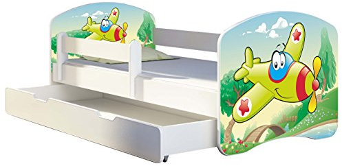 Kinderbett Jugendbett mit einer Schublade und Matratze Weiß ACMA II 140 160 180 40 Design (180x80 cm + Bettkasten, 29 Flugzeug)