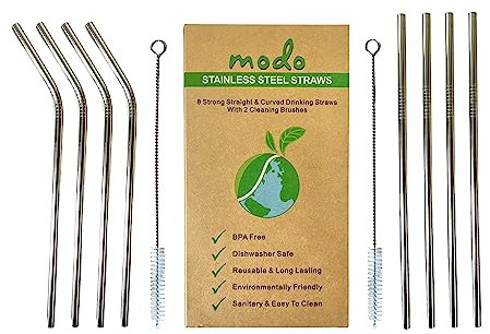 Modo 8 wiederverwendbare Edelstahl-Strohhalme für Milchshakes, gefrorene Getränke, Smoothies, Wasser, umweltfreundlich, 4 gebogene und 4 gerade Form inkl. Strohreiniger