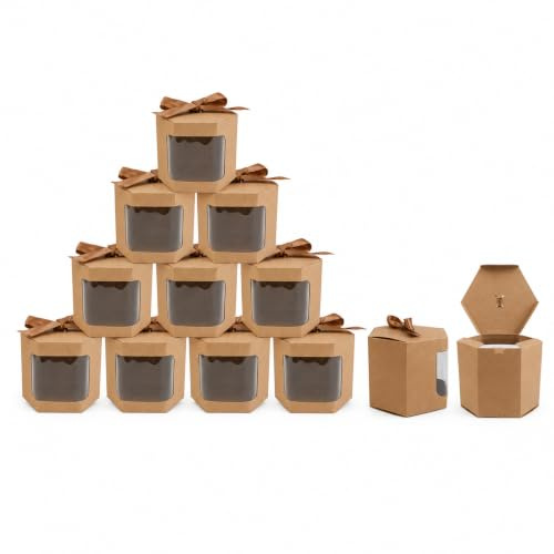 Emartbuy Starkes Papier Aufstehen Hexagon-Geschenk-Tasche, 13 cm x 13 cm x 14 cm, Braune Kraft Tasche Kuchen-Plätzchen-Muffin-Torten-Kasten mit Klarem Fenster und Band - Packung mit 24 Stück