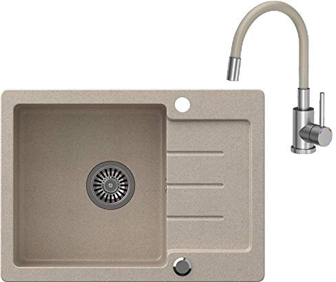 VBChome Spülbecken Beige Granit 60 x 44 cm Einzelbecken Einbauspüle gesprenkelt reversibel Verbundspüle + Siphon Waschbecken Armatur