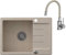 VBChome Spülbecken Beige Granit 60 x 44 cm Einzelbecken Einbauspüle gesprenkelt reversibel Verbundspüle + Siphon Waschbecken Armatur