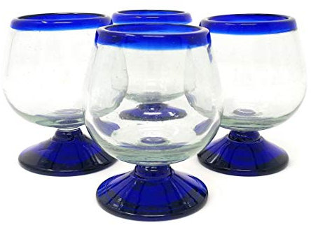 Mexican Hand Blown Glass – Set of 4 Hand Blown Cognac Snifter Glasses - Cobalt Blue Rim