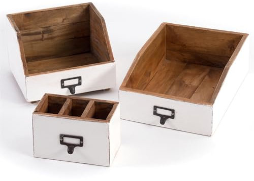 DESIGN DELIGHTS Schreibtisch Organizer Set Office | 3-teilig, Mahagoni-Holz l | rustikale Stiftehalter, Dokumentenablage, Büro Aufbewahrungskisten | Farbe: 06 weiß-Landhaus