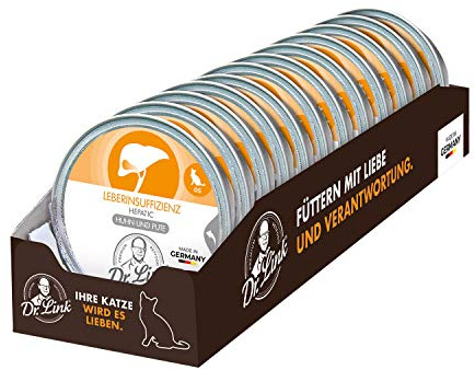Dr. Link Spezial-Diät Katzenfutter speziell für die Leber, Proteinquelle Huhn & Pute, für Katzen & Kater - Stoffwechsel, Elektrolytausgleich, Unterstützung der Leberfunktion - 12x85g Schale