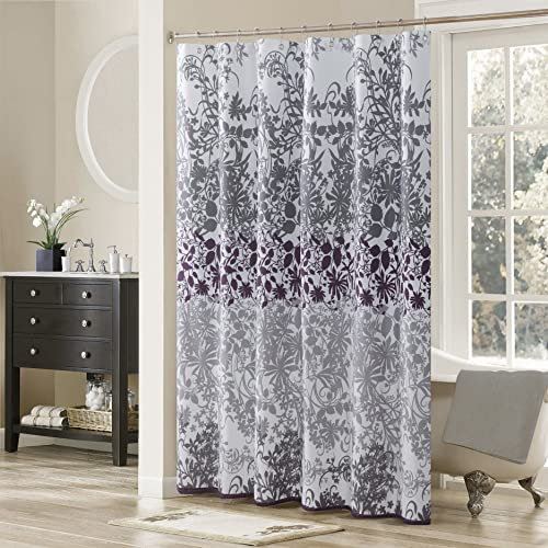 MVSUTA Enchanted Foral Lt Grau Polyestergewebe Bauernhaus Blume Schöner Duschvorhang Wasserdicht Lila Blätter Badezimmer Vorhänge 182,9 cm B x Extra Lang 198,1 cm H