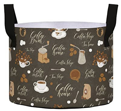 Coffee Tea and Coffee White Cups on Dark 5 Gallon Grow Bags, Heavy Duty 450 G Thick Felt Cloth Fabric Plant Pots with Handles for Garden Potato Fruits Vegetables Flowers